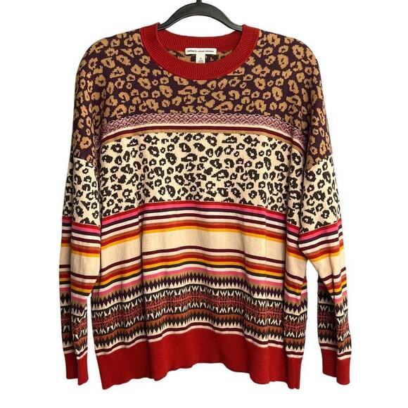Cotton by Autumn Cashmere Leopard Fairisle Crew Neck Sweater Size XL - Picture 1 of 6